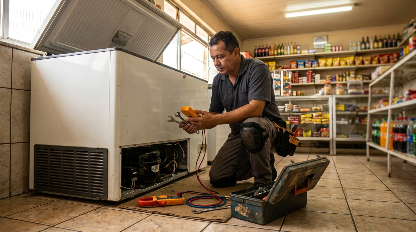 Técnico realizando manutenção de motor de freezer em Guarulhos‑SP