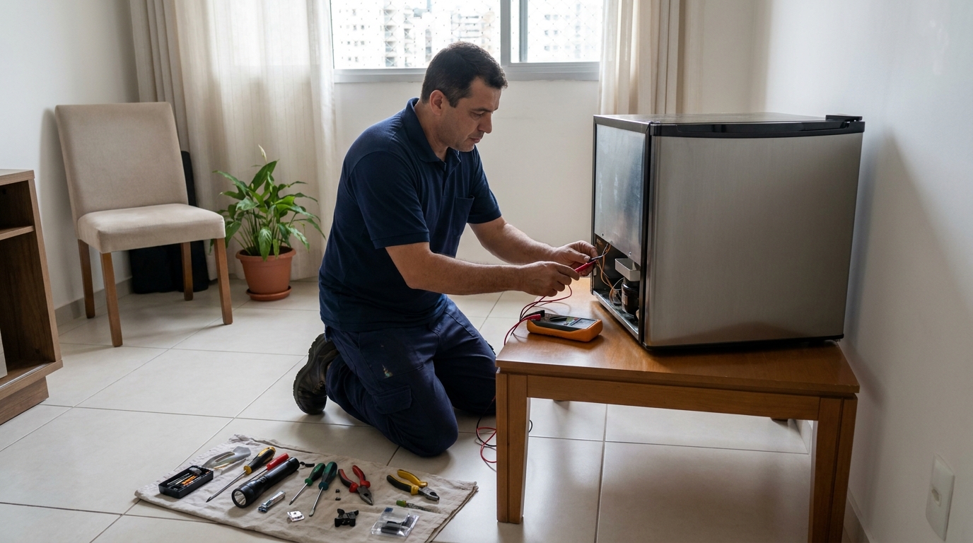 Técnico realizando manutenção de motor de frigobar em Guarulhos‑SP