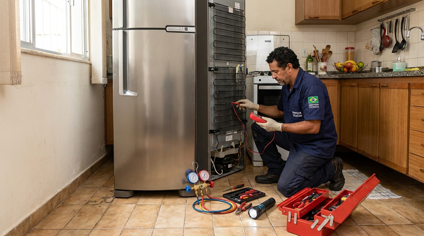 Técnico realizando manutenção de motor de geladeira em Guarulhos‑SP